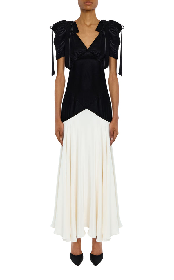 rodarte Black Velvet and White Silk Crepe Bias Dress With Velvet Bow Details
