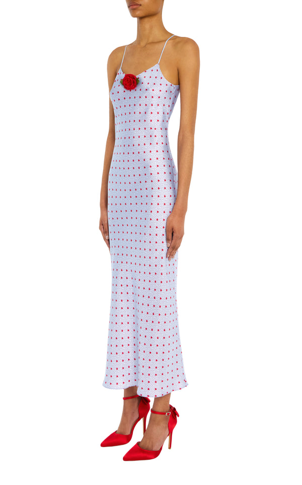 Rodarte Blue And Red Heart Print Bias Silk Slip With Silk Rosette