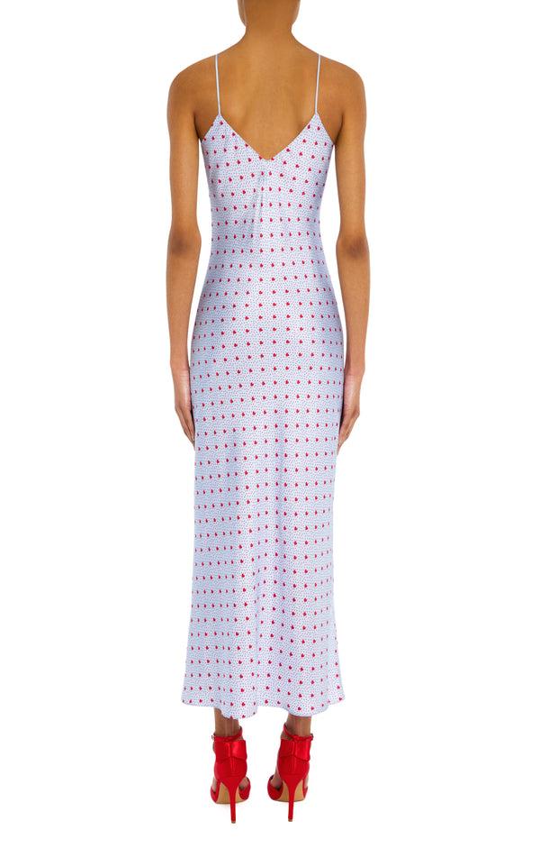 Rodarte Blue And Red Heart Print Bias Silk Slip With Silk Rosette