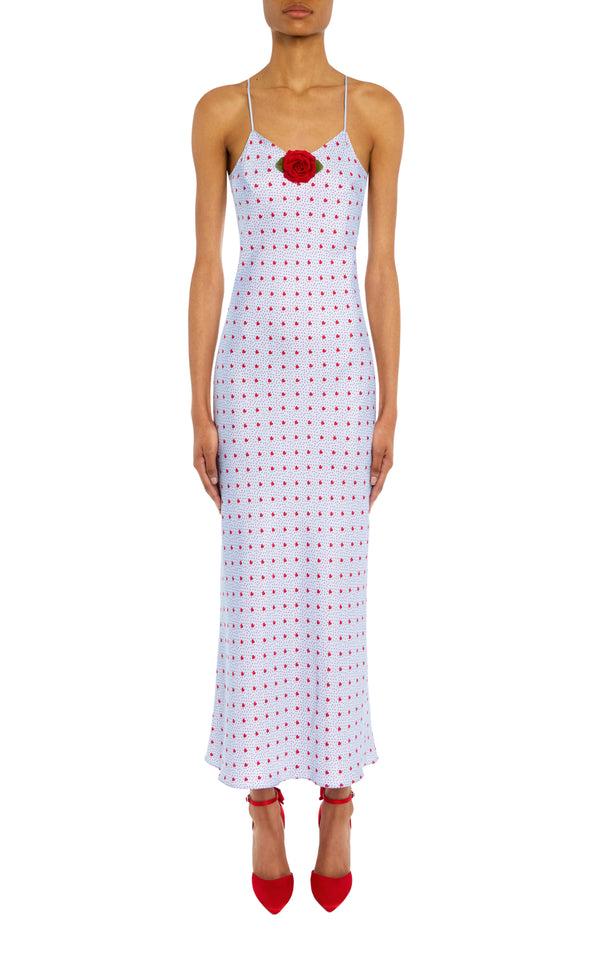 rodarte Blue and Red Heart Print Bias Silk Slip With Silk Rosette