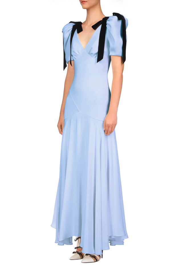 Rodarte Blue Silk Crepe Bias Dress With Black Velvet Bow Detail