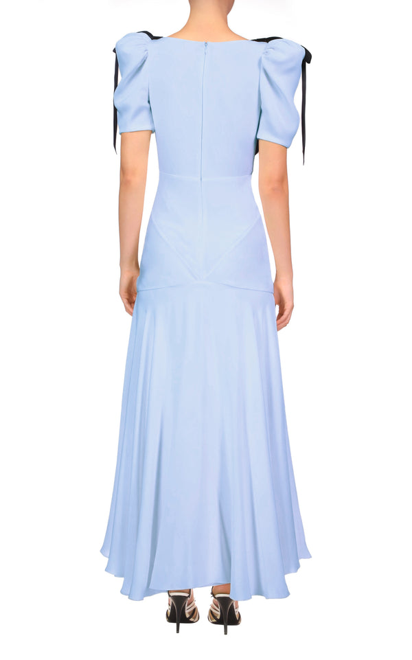 Rodarte Blue Silk Crepe Bias Dress With Black Velvet Bow Detail