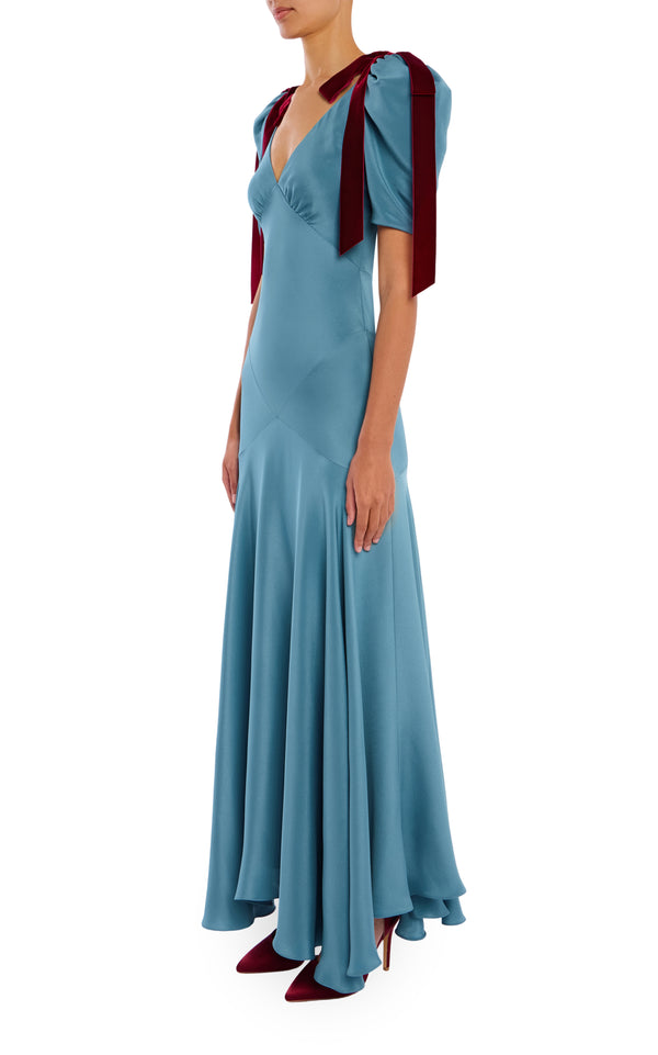 Rodarte Blue Silk Crepe Bias Dress With Burgundy Velvet Bow Detail