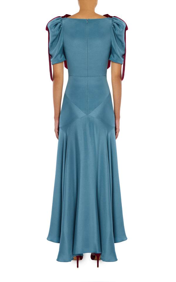 Rodarte Blue Silk Crepe Bias Dress With Burgundy Velvet Bow Detail