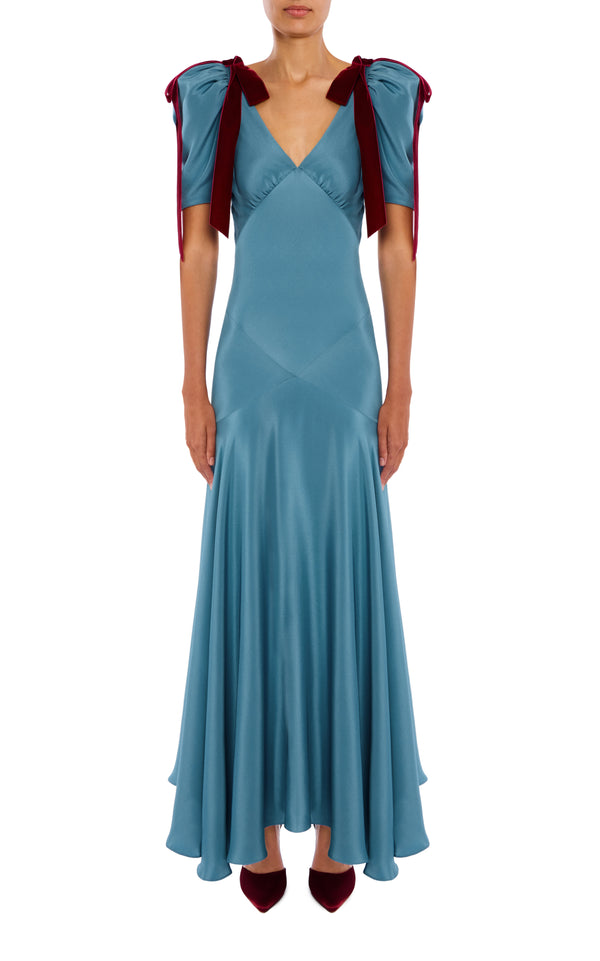 rodarte Blue Silk Crepe Bias Dress With Burgundy Velvet Bow Detail