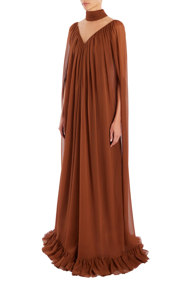 Rodarte Brown Silk Chiffon Cape Gown With Ruffle Detail