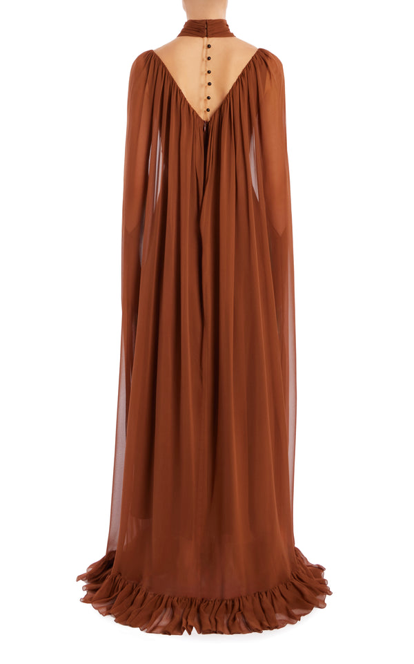 Rodarte Brown Silk Chiffon Cape Gown With Ruffle Detail