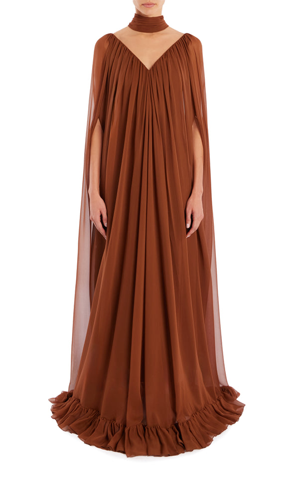 rodarte Brown Silk Chiffon Cape Gown with Ruffle Detail
