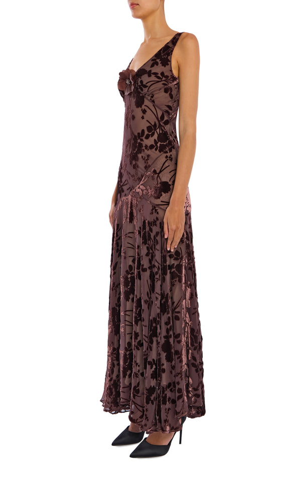 Rodarte Brown Velvet Devoré Bias Cut Gown With Silk Flower Pin
