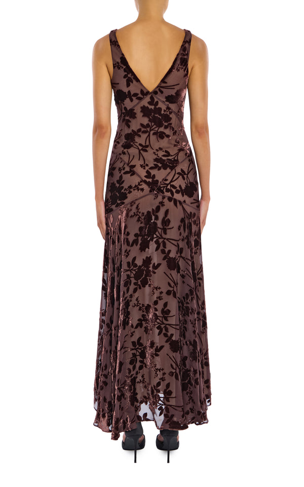 Rodarte Brown Velvet Devoré Bias Cut Gown With Silk Flower Pin