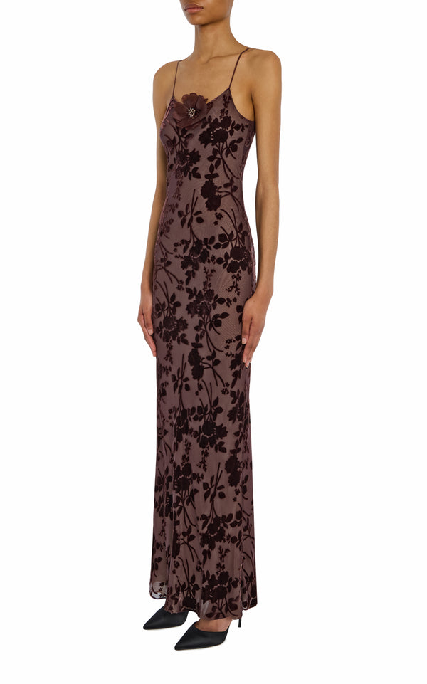 Rodarte Brown Velvet Devoré Slip Gown With Silk Flower Pin