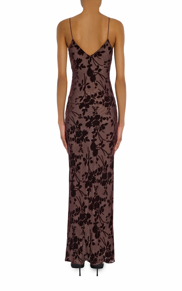 Rodarte Brown Velvet Devoré Slip Gown With Silk Flower Pin
