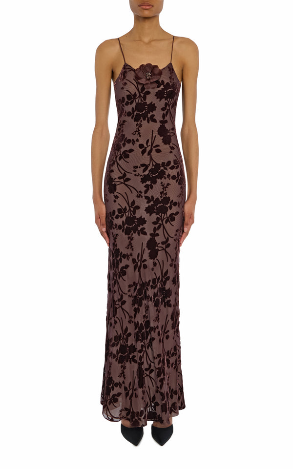 rodarte Brown Velvet Devoré Slip Gown With Silk Flower Pin