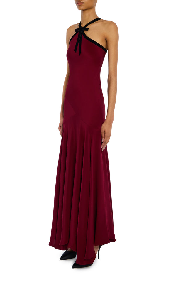 Rodarte Burgundy Silk Crepe Bias Dress With Black Velvet Ribbon Bow Detail