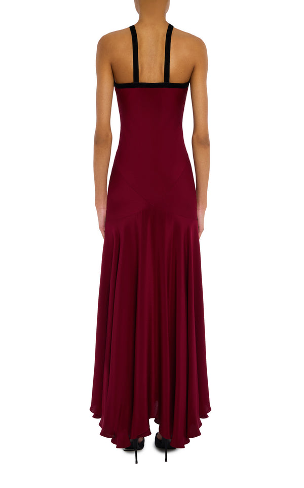 Rodarte Burgundy Silk Crepe Bias Dress With Black Velvet Ribbon Bow Detail