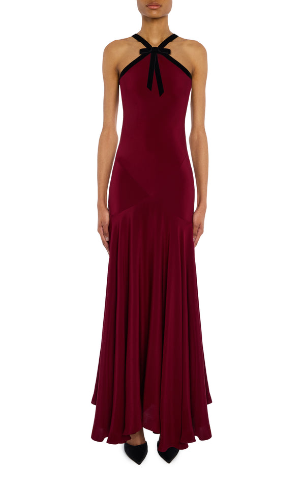 rodarte Burgundy Silk Crepe Bias Dress With Black Velvet Ribbon Bow Detail