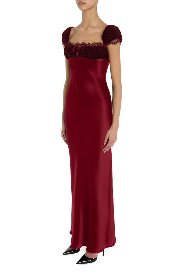 Rodarte Burgundy Velvet And Silk Satin Cap Sleeve Gown With Lace Trim
