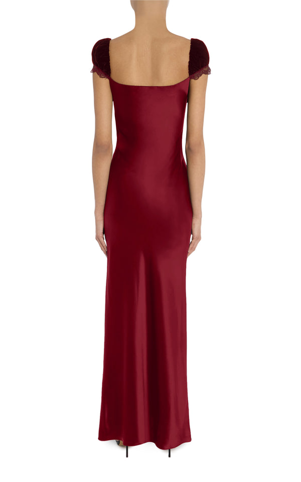 Rodarte Burgundy Velvet And Silk Satin Cap Sleeve Gown With Lace Trim