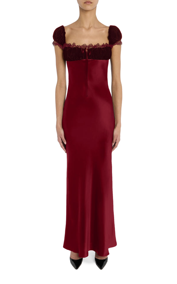 rodarte Burgundy Velvet And Silk Satin Cap Sleeve Gown with Lace Trim