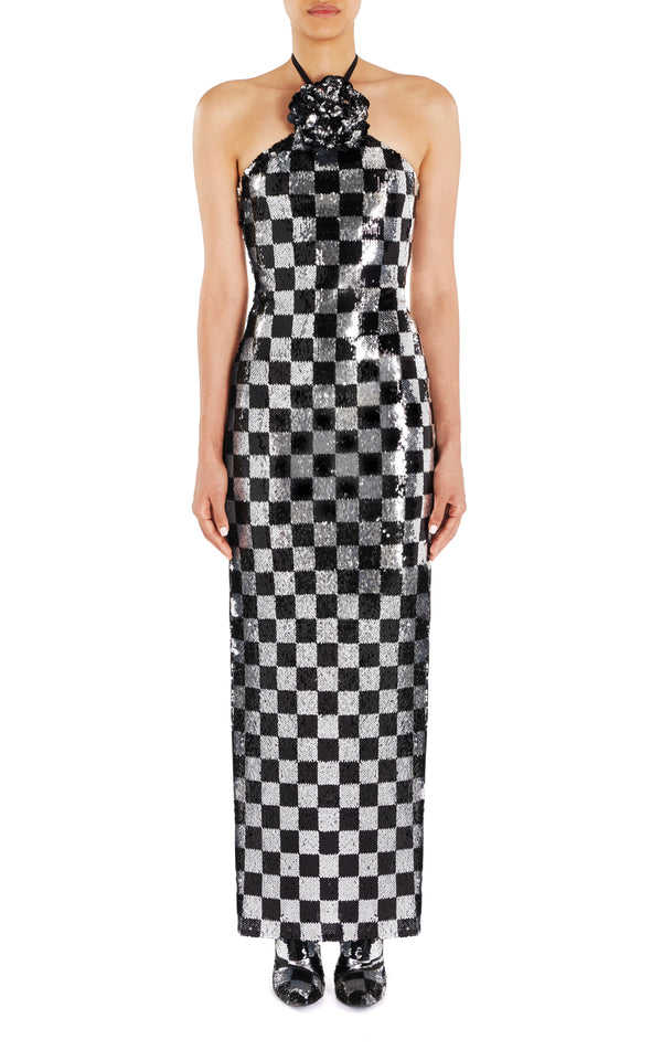 Rodarte Checkerboard Sequin Halter Gown With Flower Detail