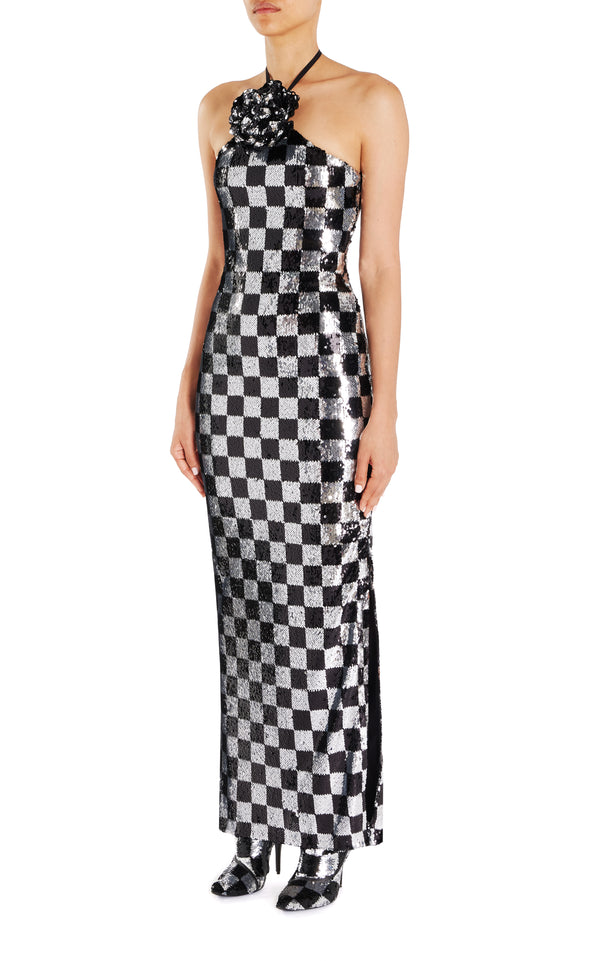 Rodarte Checkerboard Sequin Halter Gown With Flower Detail