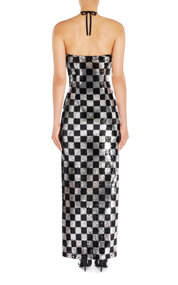 Rodarte Checkerboard Sequin Halter Gown With Flower Detail