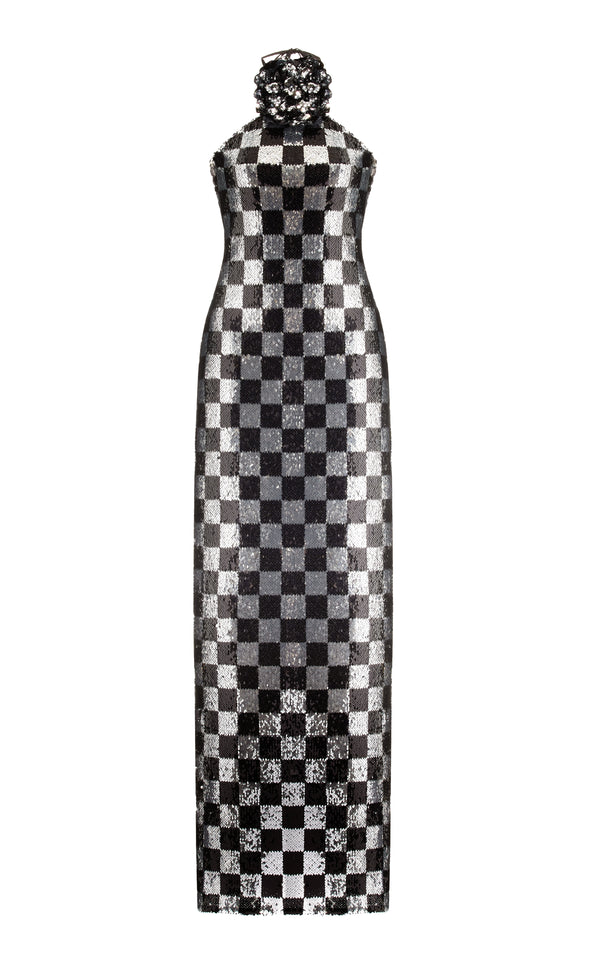 rodarte Checkerboard Sequin Halter Gown With Flower Detail