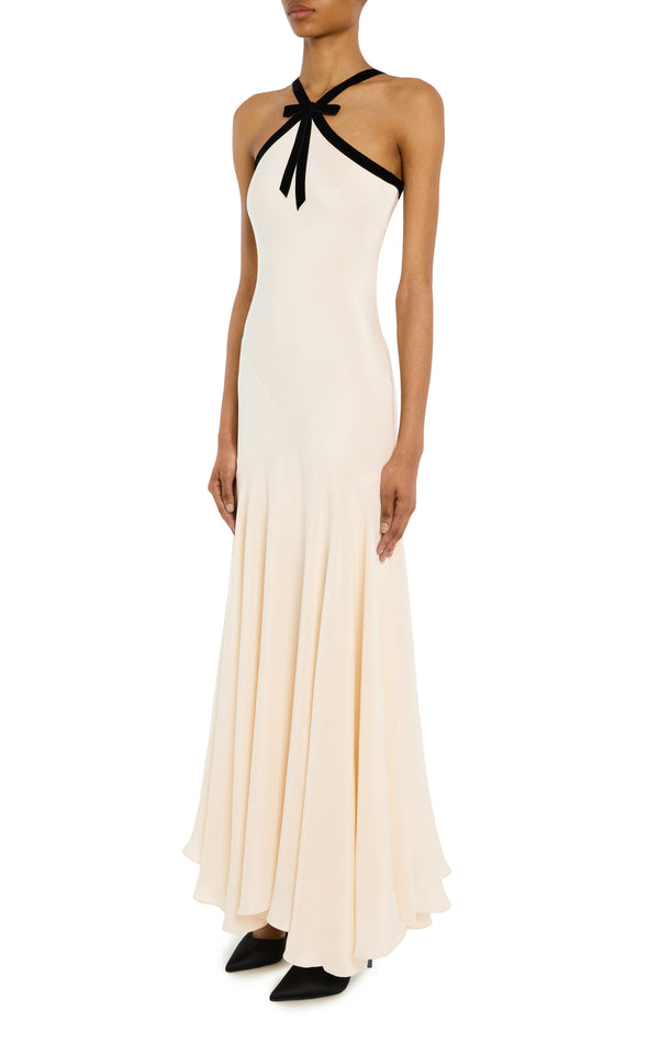 Rodarte Cream Silk Crepe Bias Dress With Black Velvet Ribbon Bow Detail