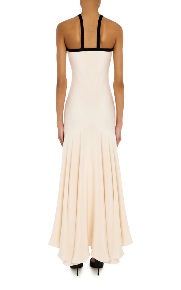 Rodarte Cream Silk Crepe Bias Dress With Black Velvet Ribbon Bow Detail