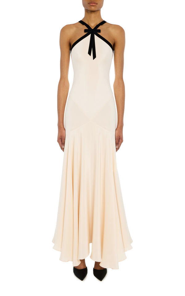 rodarte Cream Silk Crepe Bias Dress With Black Velvet Ribbon Bow Detail