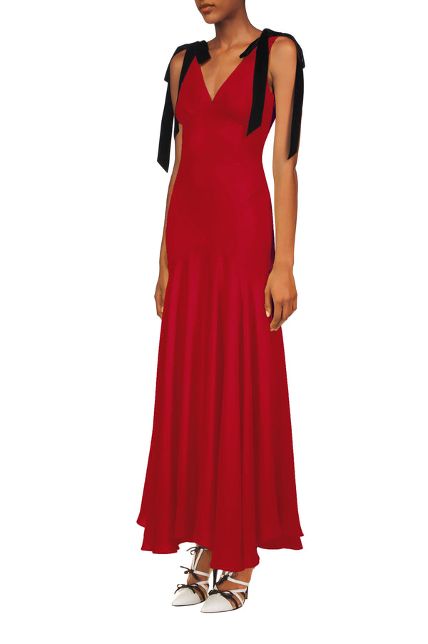 Rodarte Crimson Silk Crepe Bias Dress With Black Velvet Ribbon Bow Detail