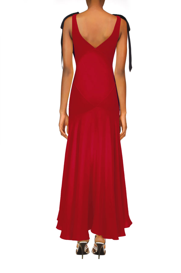 Rodarte Crimson Silk Crepe Bias Dress With Black Velvet Ribbon Bow Detail