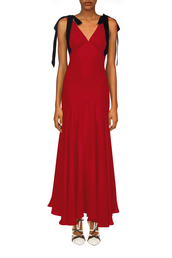 rodarte Crimson Silk Crepe Bias Dress With Black Velvet Ribbon Bow Detail