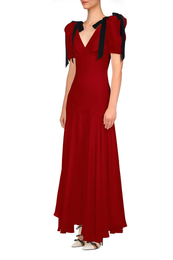 Rodarte Crimson Silk Crepe Bias Dress With Velvet Ribbon Bow Details