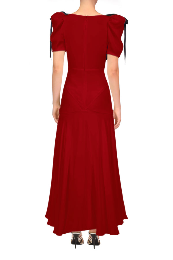 Rodarte Crimson Silk Crepe Bias Dress With Velvet Ribbon Bow Details