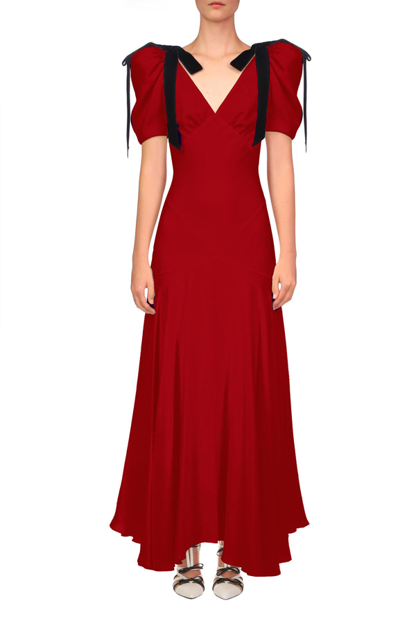 rodarte Crimson Silk Crepe Bias Dress With Velvet Ribbon Bow Details