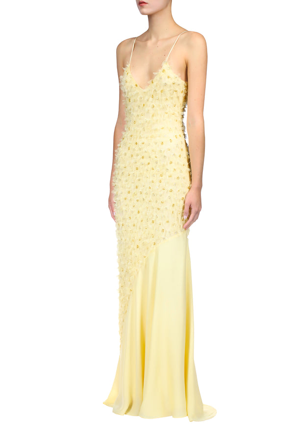 Rodarte Embroidered Bias Slip Gown With Applique Flowers And Georgette Insert