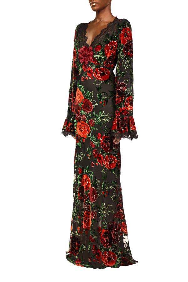 Rodarte Floral Burnout Velvet Gown Dress With Bell Sleeves