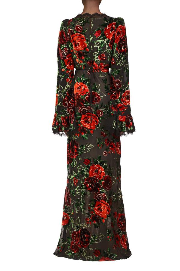 Rodarte Floral Burnout Velvet Gown Dress With Bell Sleeves