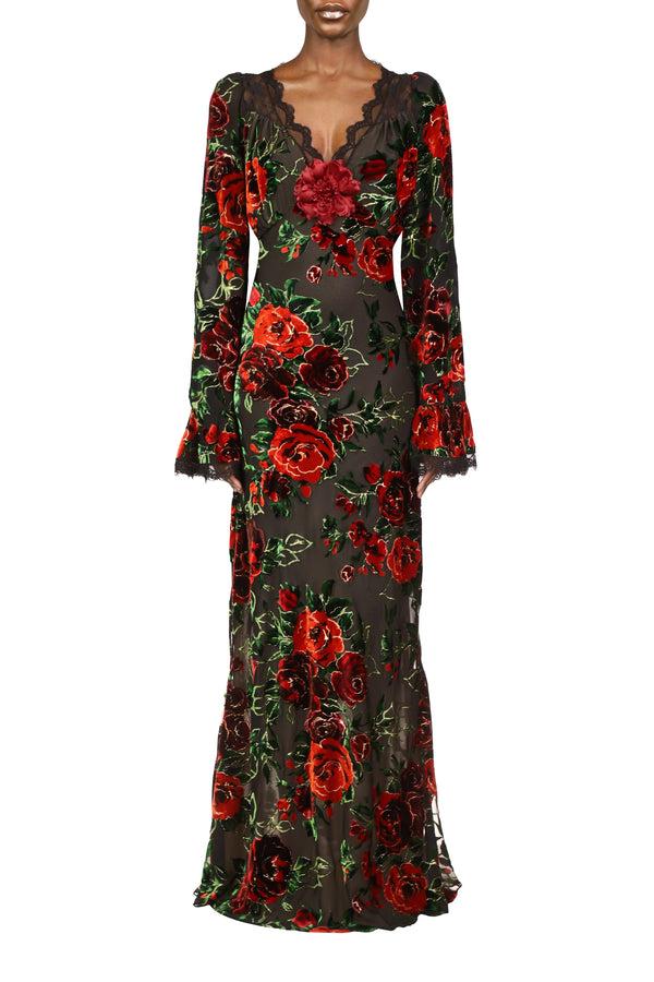 rodarte Floral Burnout Velvet Gown Dress With Bell Sleeves