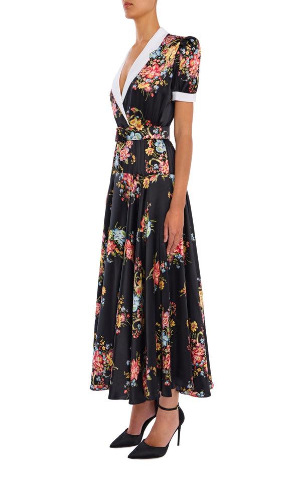 rodarte Floral Printed Silk Silk Charmeuse Collared Dress With Belt