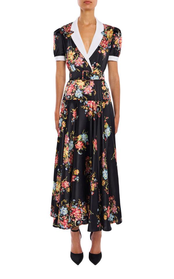 rodarte Floral Printed Silk Silk Charmeuse Collared Dress With Belt