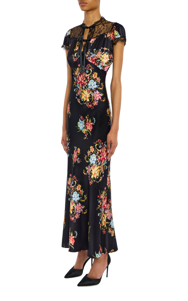Rodarte Floral Satin Cap Sleeve Dress With Lace Details