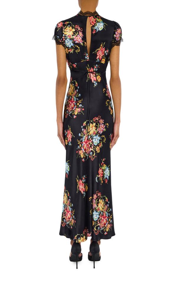 Rodarte Floral Satin Cap Sleeve Dress With Lace Details