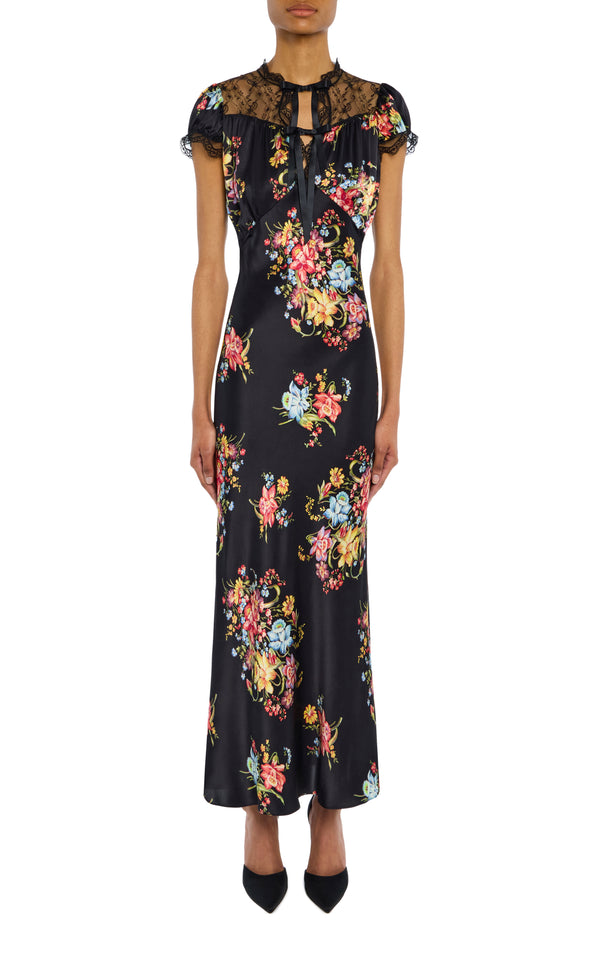 rodarte Floral Satin Cap Sleeve Dress with Lace Details