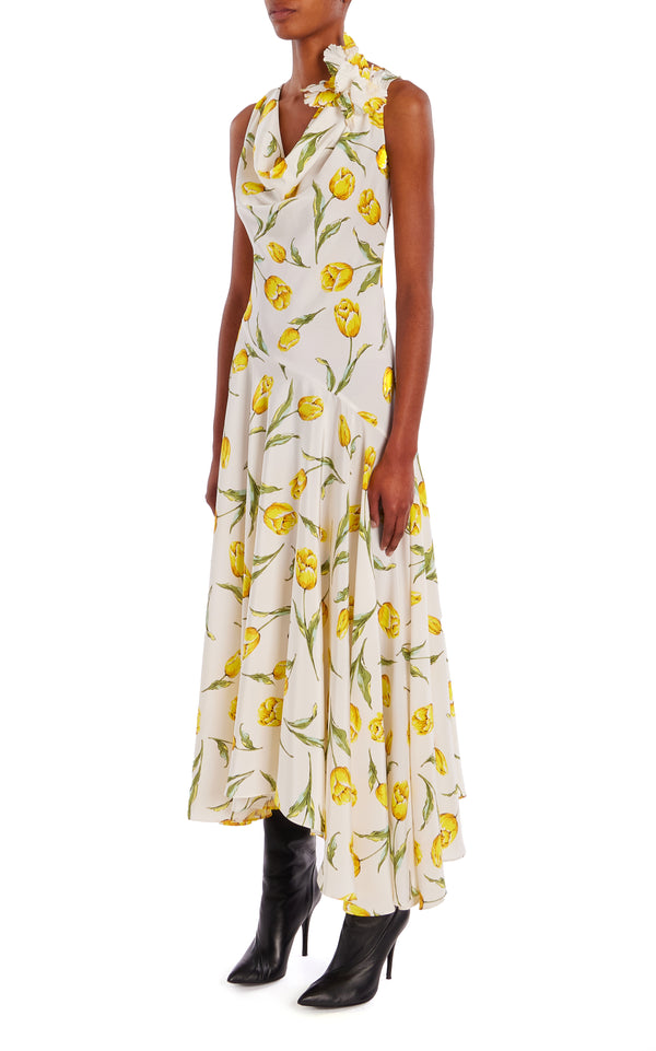 Rodarte Floral Silk Cowl Neck Dress With Handkerchief Skirt