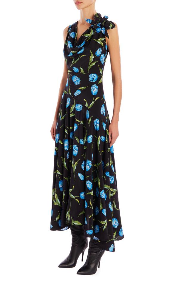 Rodarte Floral Silk Cowl Neck Dress With Handkerchief Skirt