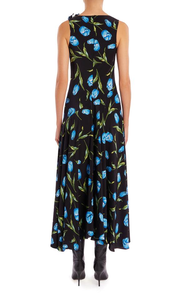 Rodarte Floral Silk Cowl Neck Dress With Handkerchief Skirt