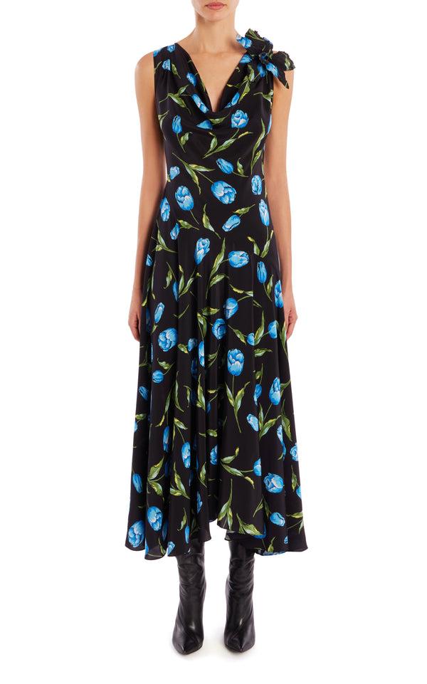 rodarte Floral Silk Cowl Neck Dress With Handkerchief Skirt