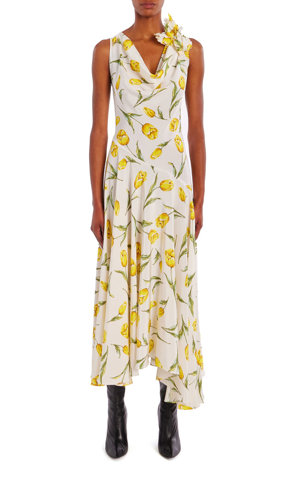 rodarte Floral Silk Cowl Neck Dress With Handkerchief Skirt